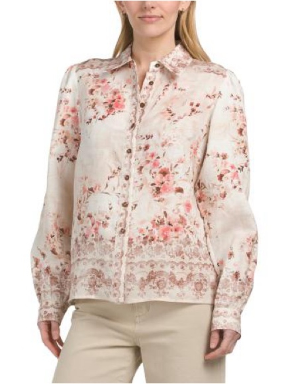 Elie Tahari Pink and Cream Floral Button-Down Shirt